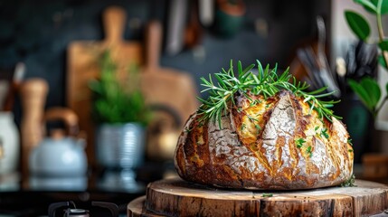 Whole round loaf of freshly baked bread garnished with rosemary placed on wooden cutting board. crackled crust under natural lighting in cozy kitchen setting. Homestyle comfort evoked.