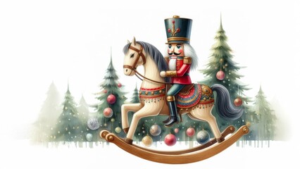 Traditioneller Nussknacker in Uniform auf dem Schaukelpferd,  wei&szlig;er Hintergrund. Passt perfekt zu festlichen Anl&auml;ssen und f&uuml;r die Weihnachtskarte, Platz f&uuml;r Text, generative KI
