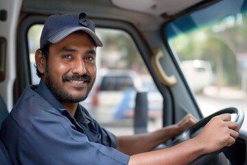 Indian man sits in driver seat of gray van. Wearing blue shirt and baseball cap, he grips steering wheel firmly. Man is in uniform, smiling at camera.