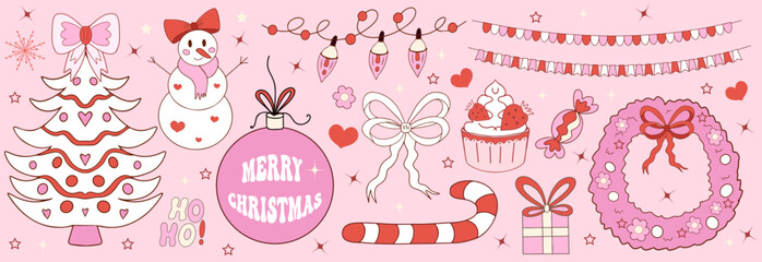 Pink girly coquette christmas set. Merry christmas and happy new year Lovely cute collection, christmas tree decorations with bows, pink ribbon. Vector illustration