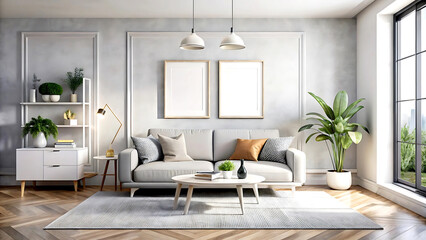Fototapeta premium Minimalist modern living room interior background, 3D render, white Mock up frame