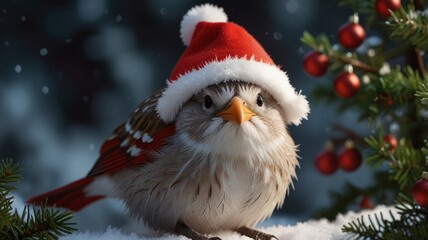 Obraz premium A small bird wearing a Santa hat sits in the snow with a blurred background of fir branches and red ornaments.
