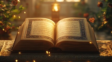 Elegant Holy Quran displayed with intricate cover and open pages, soft ambient background, warm lighting.
