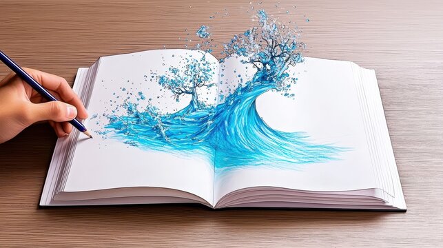 Creative hand drawing of vivid blue waves coming to life from an open book on a wooden surface.