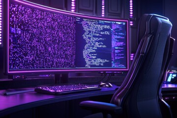 Obraz premium Futuristic workspace featuring a curved monitor displaying code, illuminated by vibrant purple lights.