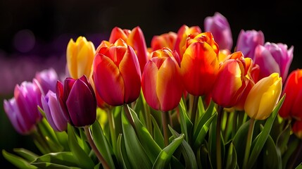 Obraz premium Colorful Tulips in Bloom Against Dark Background