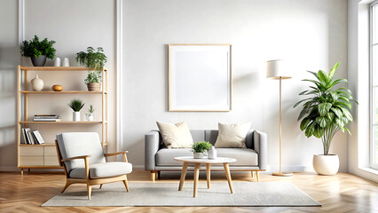 Fototapeta premium Minimalist modern room interior background, Scandinavian style, 3D render, white Mock up frame