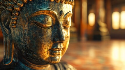 Obraz premium Full-length tiny Buddha statue in temple setting with warm light and space around edges.