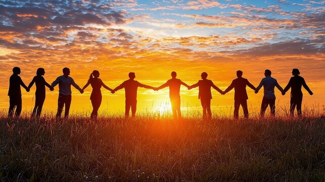 Group of people holding hands against a vibrant sunset, symbolizing unity and connection in nature.