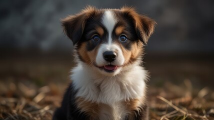 A cute brown, white, and black puppy with blue eyes sits in the grass and looks at the camera with its tongue sticking out.