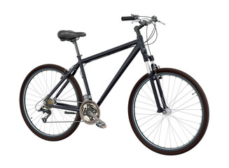 Black bicycle, side front view. Black leather saddle and handles. Png clipart isolated on...