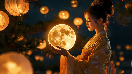 Celebration of mid autumn festival with lanterns, moon gingerbread men, and the enchanting moon goddess change in east and southeast asian traditions. Moon Goddess. Illustration