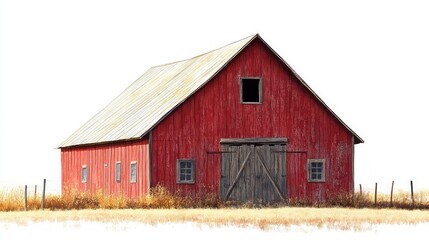 A classic red barn stands tall in a field, with weathered wood siding, a metal roof, and a large wooden door.