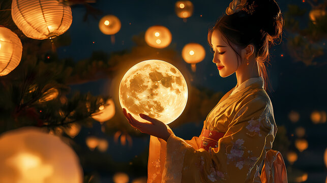 Celebration of mid autumn festival with lanterns, moon gingerbread men, and the enchanting moon goddess change in east and southeast asian traditions. Moon Goddess. Illustration