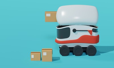 Autonomous delivery robot carrying boxes on blue background. 3d rendering 