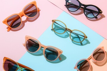Collection of six sunglasses on light pink background. Sunglasses arranged in two-by-three grid. Unique colors and styles. Vibrant reds, cool blues, mixed colors. No text, no additional objects.