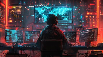 A hacker using multiple devices to breach a secure network, surrounded by glowing cables and routers, with digital maps and access logs on monitors.
