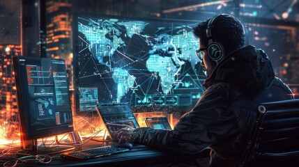 A hacker using multiple devices to breach a secure network, surrounded by glowing cables and routers, with digital maps and access logs on monitors.