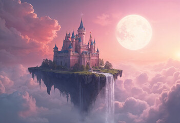 Naklejka premium Fantastical Floating Castle Magical Island Pink Sky Waterfall Moon and Clouds Fantasy Realm
