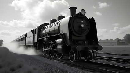 Fototapeta premium A Striking Black and White Image of a Vintage Train in Motion Capturing the Essence of Railway Travel