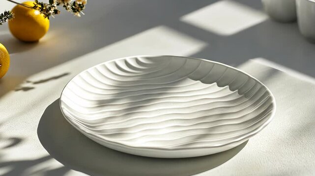 A white ceramic plate with a rippled design sits on a white table with soft, natural light
