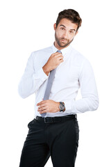 Confidence, white background and portrait of business man with company pride, positive attitude and smirk. Corporate worker, professional and isolated person for career, work and job in studio