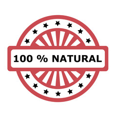 Red round stamp, 100% natural, flat style, vector, isolate on white