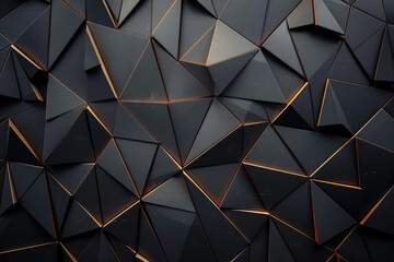 Backdrop with contemporary abstract design featuring layered black and gold triangles and geometric shapes. Modern geometry background. front view. Digital 3D render. wallpaper with texture.