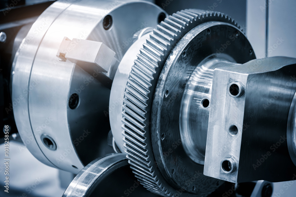 Poster A machine with a gear and a tool. The machine is made of metal and has a shiny surface