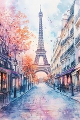 Charming Parisian Street in Autumn with Eiffel Tower Surrounded by Fall Foliage and Quaint Cafes, romantic cityscape concept