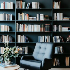 Modern Home Library, Floor-to-Ceiling Bookshelves Packed with Books, Comfortable Leather Armchair