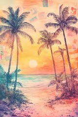 Tropical Sunset Over Ocean with Vibrant Palm Trees on Sandy Beach, Artistic Seascape Illustration, Colorful Sky Concept