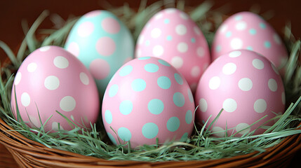 Fototapeta premium Colorful Pastel Easter Eggs Arranged in a Woven Basket Surrounded by Green Grass on a Wooden Table