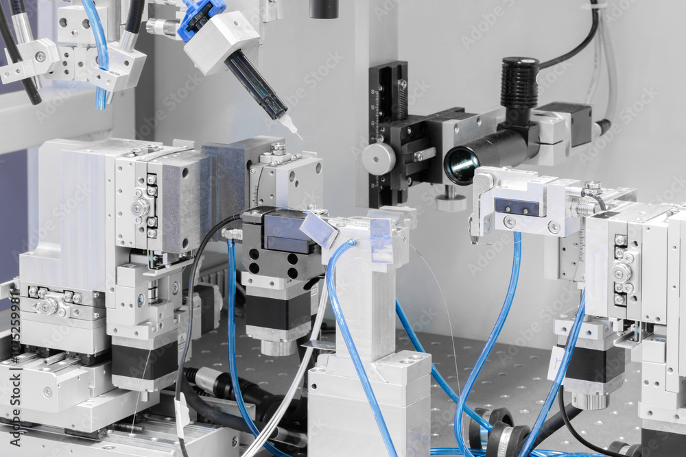 Poster A machine with a lot of wires and tubes is in the middle of a room. The machine is surrounded by other machines and wires. The room is filled with a sense of technology and innovation