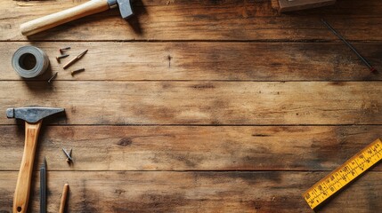 Various carpentry tools arranged on a rustic wooden background with copy space, perfect for DIY, craftsmanship, or woodworking concepts