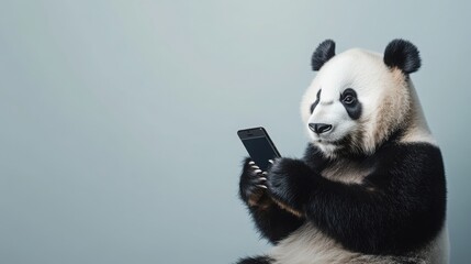 Fototapeta premium panda holding a smartphone, typing with its paws, isolated against a simple background.