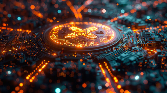 Futuristic Cryptocurrency Circuit Board with Ripple Symbol
