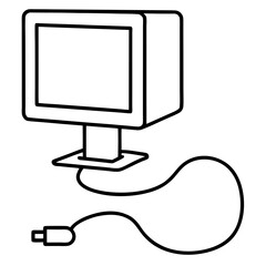 Desktop computer with power cord line art vector