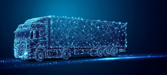 Abstract Digital Truck On Blue Background. Freight Transport, Logistics, And Technology Concept.
