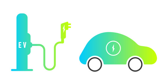 Electric car with green plug symbol. Green hybrid vehicles charging point logo	
