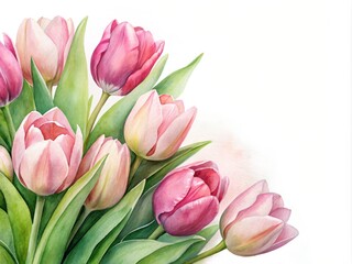 Obraz premium Delicate pink tulips in watercolor, framed by vibrant green leaves on a clean white canvas, ideal for elevating your floral decor with elegance.