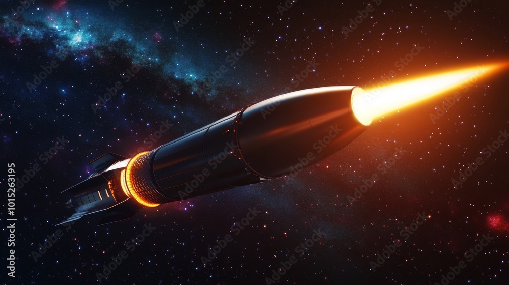 Aufkleber A powerful rocket propels itself into the vastness of space, leaving a blazing trail of light. The dark background is filled with stars and colorful cosmic clouds, creating a stunning spectacle.
