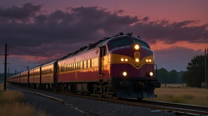 Obraz premium A passenger train travels through a rural landscape at sunset.