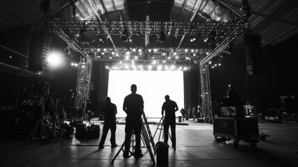 A group of workers diligently constructs a large metal frame resembling an archway. The dark theater provides a backdrop of preparation for an upcoming performance