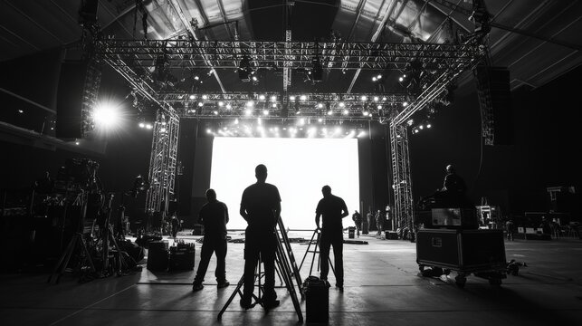 A group of workers diligently constructs a large metal frame resembling an archway. The dark theater provides a backdrop of preparation for an upcoming performance
