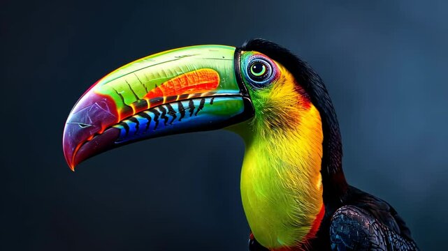 A toucan with a bright, colorful beak looks to the right in a close-up portrait