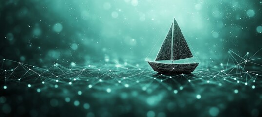 Abstract Sailboat on Green Technology Background, Connected Dots, Lines, and Triangles