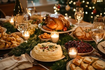 table with a warm, inviting glow from candles, featuring a traditional Christmas dinner spread. Roast turkey, mashed potatoes, stuffing, gravy, cranberry sauce