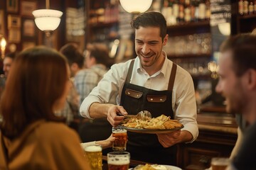Bartender in black apron serves food to customer at wooden table in cozy pub. Customer sits on brown couch bartender holds tray of food behind counter. Friends fill pub, warm illuminates scene.
