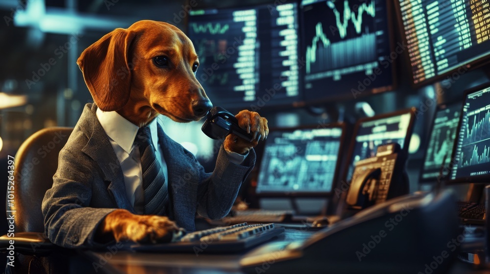 Poster a dog dressed in a suit sits at a desk filled with multiple monitors showing stock market data, whil